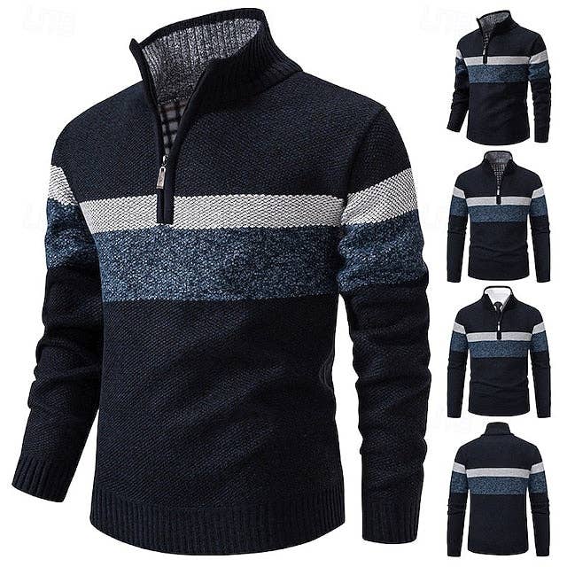 Men's navy blue quarter-zip pullover sweater with white and gray color block stripes

This includes:

Men's quarter-zip pullover sweater 
navy blue (color)
color block stripes (design feature)