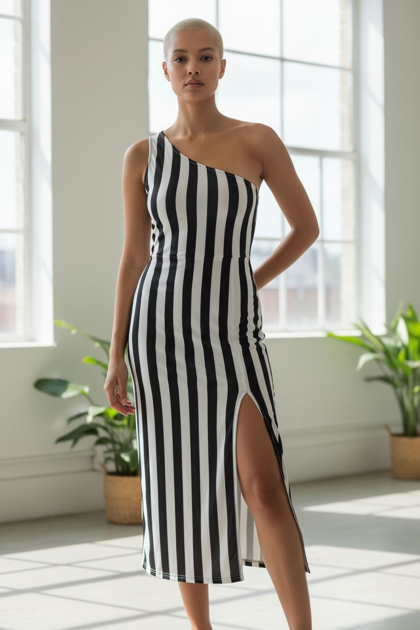 Bold One-Shoulder Black & White Striped Bodycon Dress — Size L